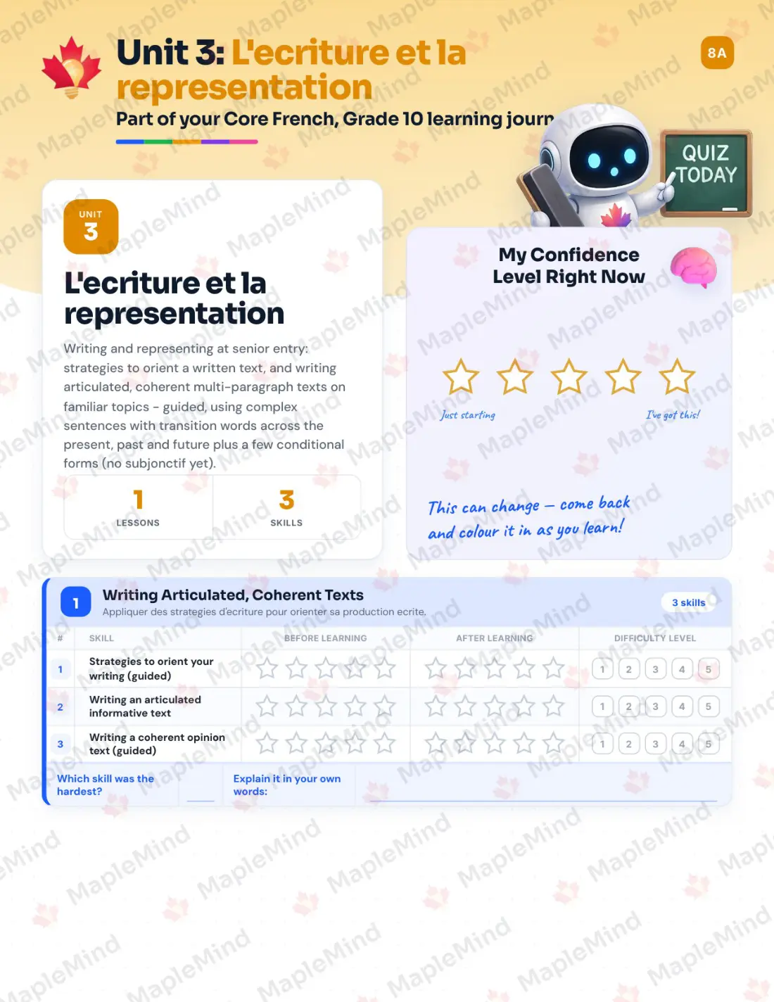 Page 13 of 24 from the Core French, Grade 10 Prince Edward Island Course Companion — skills tracker with before and after self-assessment