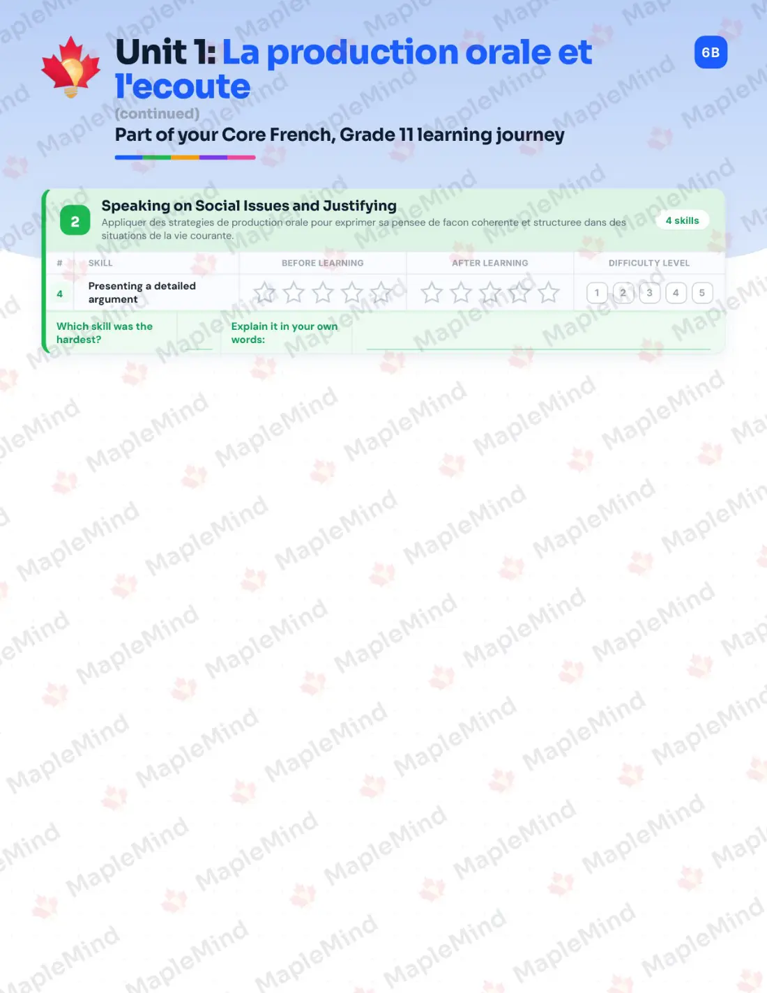 Page 7 of 24 from the Core French, Grade 11 Prince Edward Island Course Companion — skills tracker with before and after self-assessment