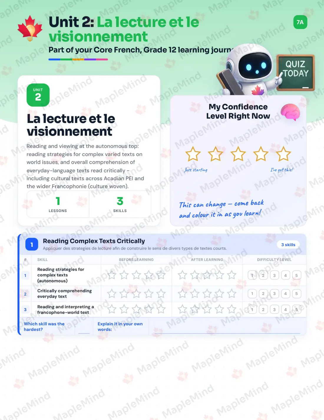 Page 10 of 24 from the Core French, Grade 12 Prince Edward Island Course Companion — skills tracker with before and after self-assessment