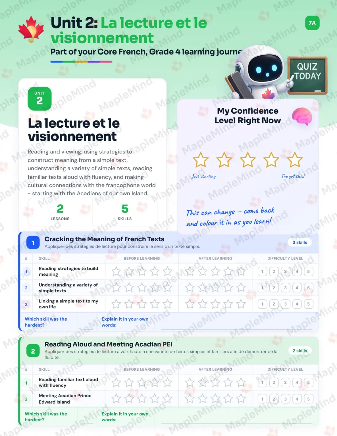 Page 9 of 23 from the Core French, Grade 4 Prince Edward Island Course Companion — skills tracker with before and after self-assessment