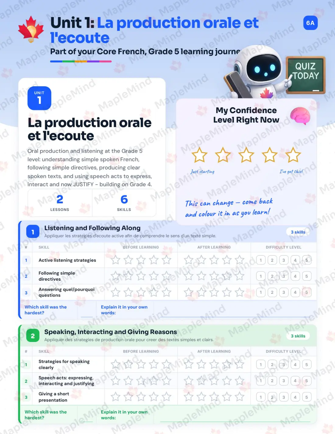 Page 6 of 23 from the Core French, Grade 5 Prince Edward Island Course Companion — skills tracker with before and after self-assessment