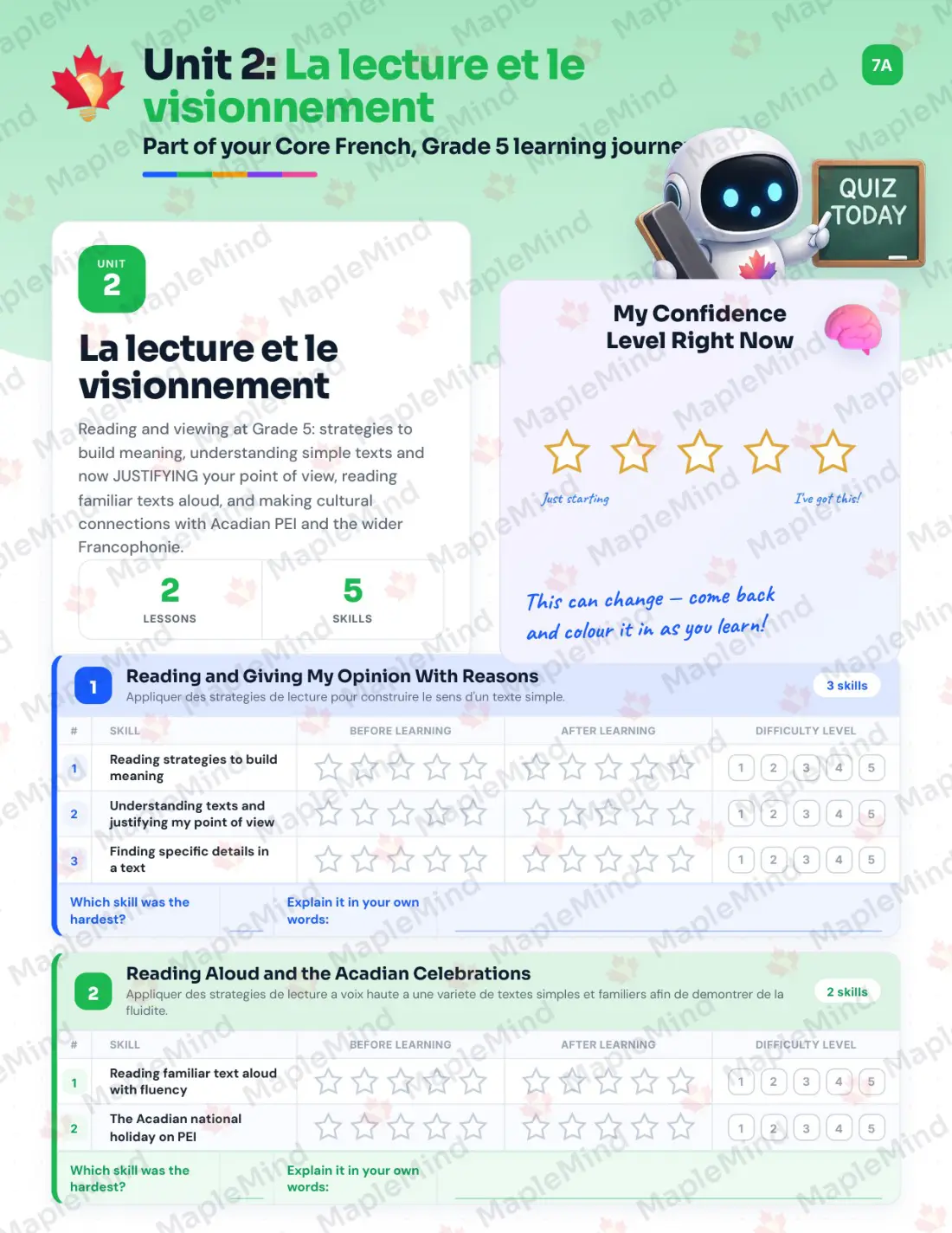 Page 9 of 23 from the Core French, Grade 5 Prince Edward Island Course Companion — skills tracker with before and after self-assessment