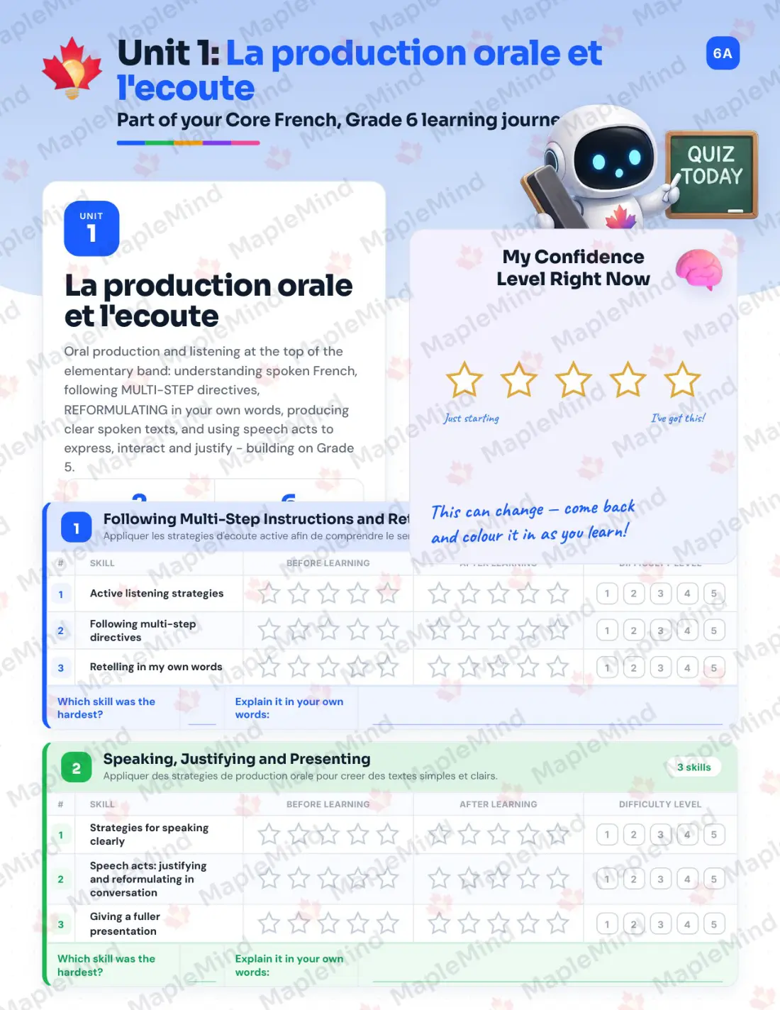 Page 6 of 23 from the Core French, Grade 6 Prince Edward Island Course Companion — skills tracker with before and after self-assessment