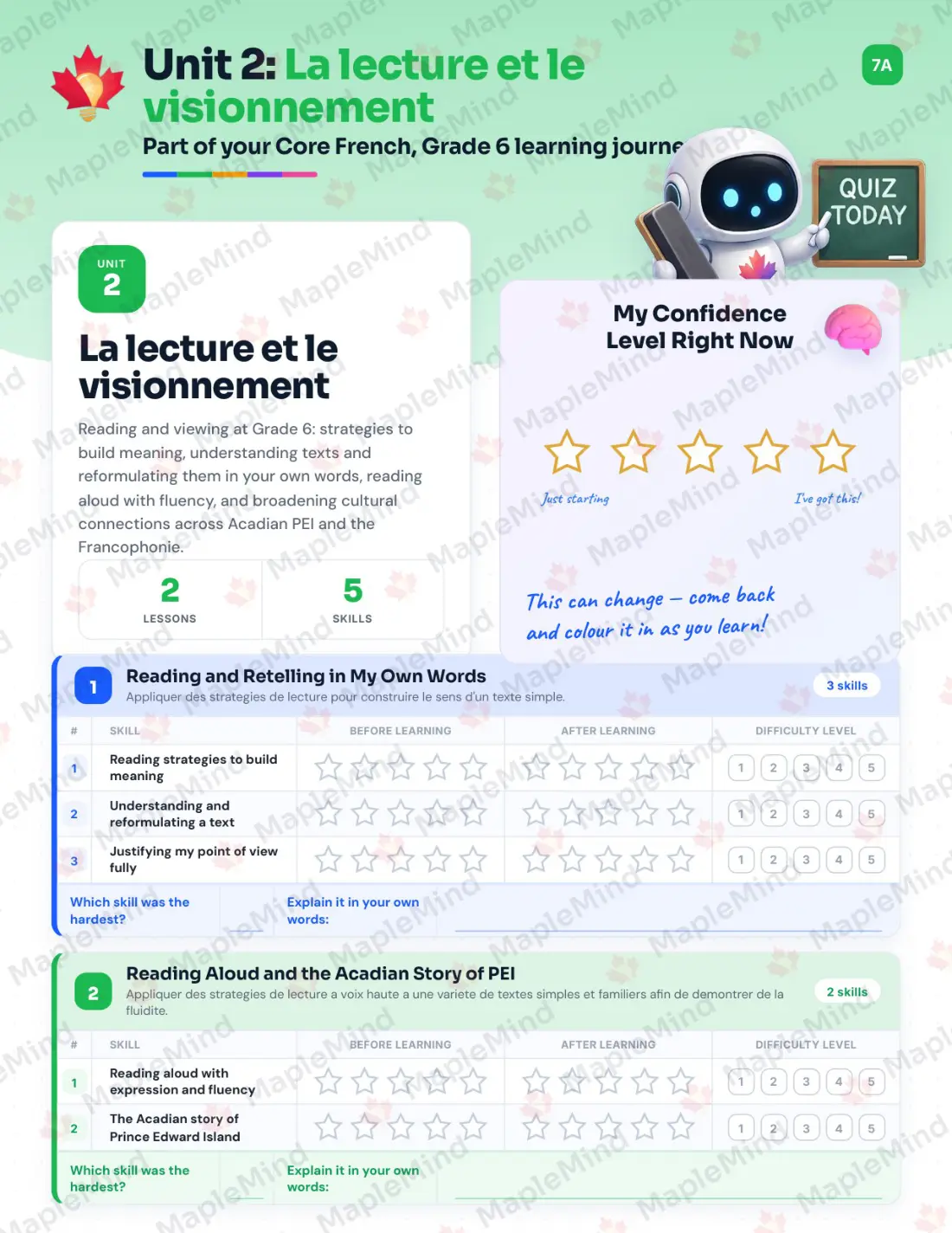 Page 9 of 23 from the Core French, Grade 6 Prince Edward Island Course Companion — skills tracker with before and after self-assessment