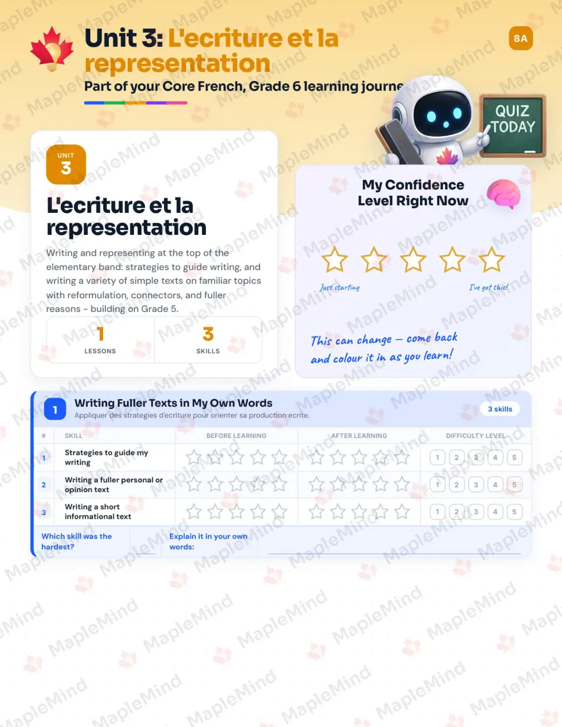 Page 12 of 23 from the Core French, Grade 6 Prince Edward Island Course Companion — skills tracker with before and after self-assessment