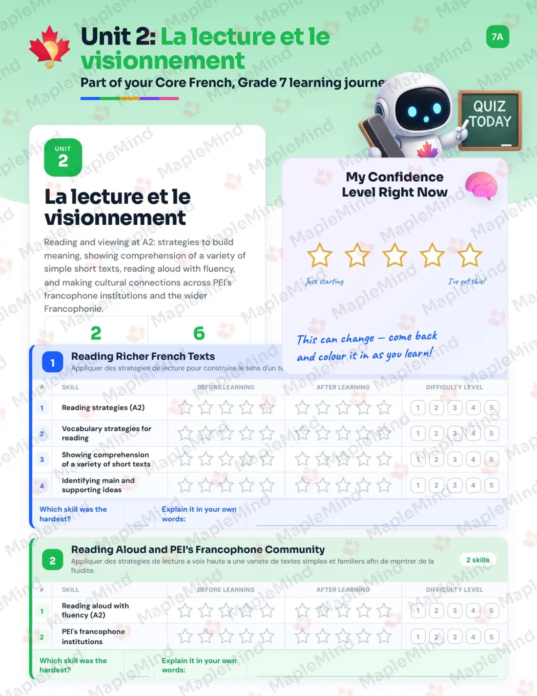 Page 9 of 23 from the Core French, Grade 7 Prince Edward Island Course Companion — skills tracker with before and after self-assessment