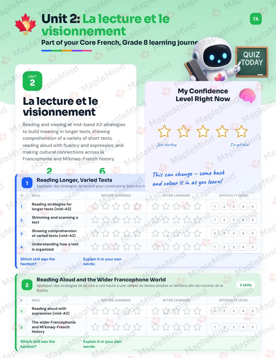 Page 10 of 24 from the Core French, Grade 8 Prince Edward Island Course Companion — skills tracker with before and after self-assessment