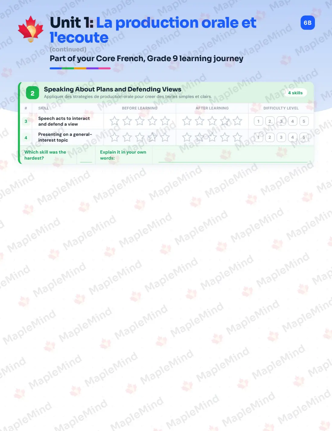 Page 7 of 25 from the Core French, Grade 9 Prince Edward Island Course Companion — skills tracker with before and after self-assessment