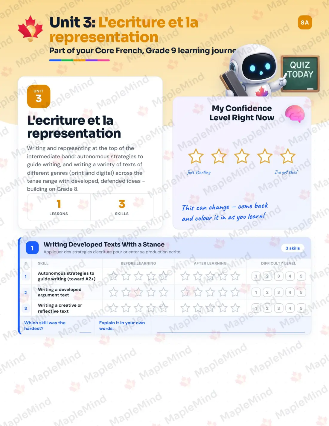 Page 14 of 25 from the Core French, Grade 9 Prince Edward Island Course Companion — skills tracker with before and after self-assessment