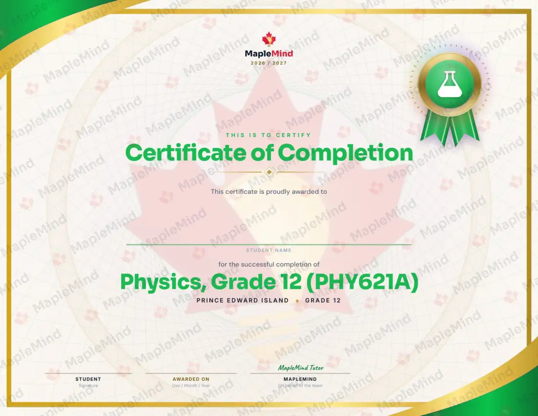 Page 29 of 29 from the Physics, Grade 12 (PHY621A) Prince Edward Island Course Companion — year in review and certificate of completion