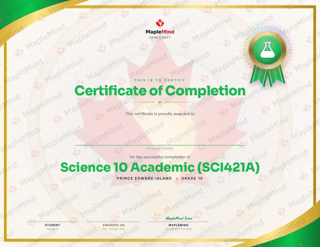 Page 28 of 28 from the Science 10 Academic (SCI421A) Prince Edward Island Course Companion — year in review and certificate of completion