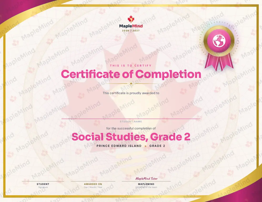 Page 28 of 28 from the Social Studies, Grade 2 Prince Edward Island Course Companion — year in review and certificate of completion