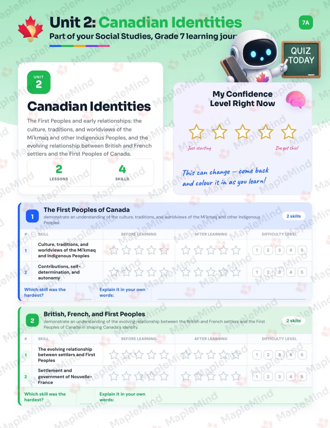 Page 9 of 31 from the Social Studies, Grade 7 Prince Edward Island Course Companion — skills tracker with before and after self-assessment