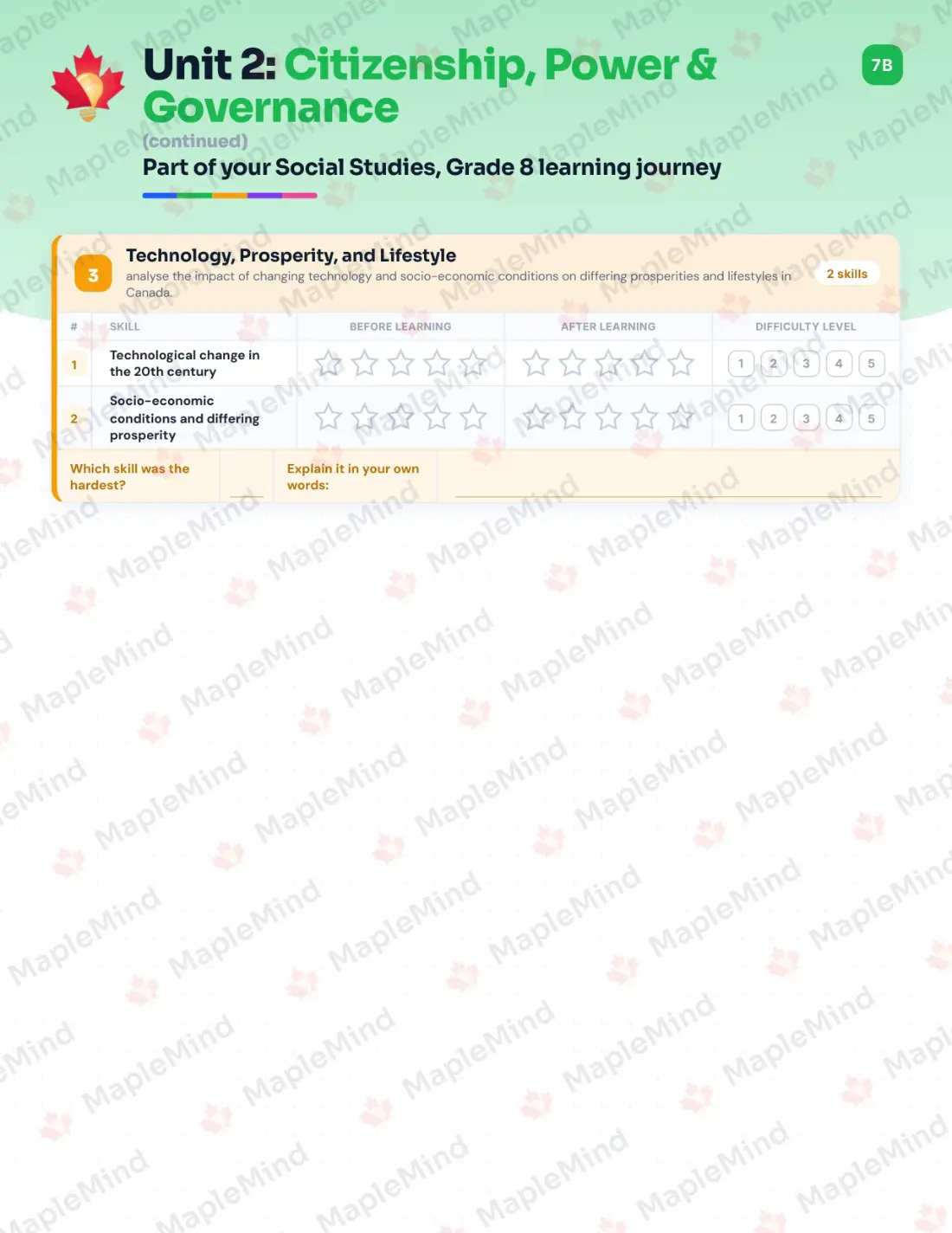 Page 11 of 32 from the Social Studies, Grade 8 Prince Edward Island Course Companion — skills tracker with before and after self-assessment