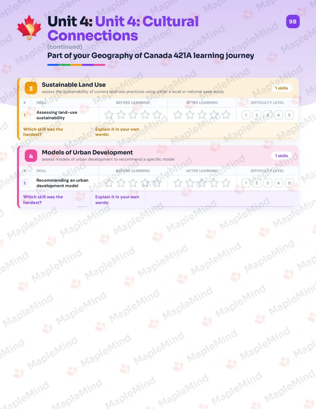 Page 18 of 39 from the Geography of Canada 421A Prince Edward Island Course Companion — skills tracker with before and after self-assessment
