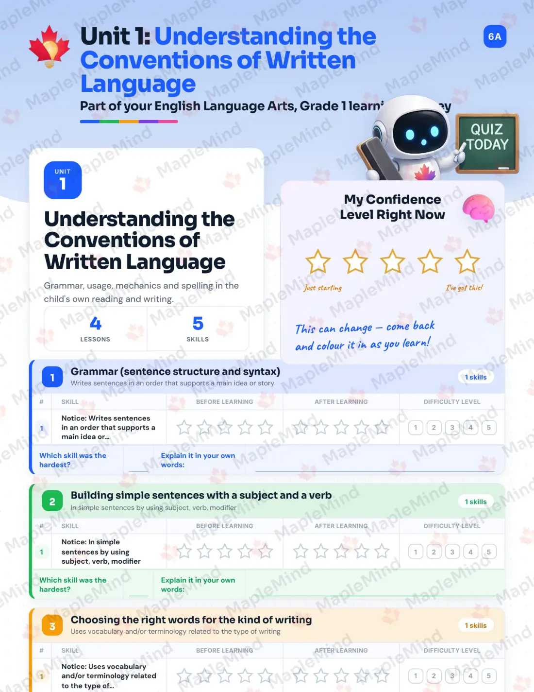 Page 8 of 62 from the English Language Arts, Grade 1 Quebec Course Companion — skills tracker with before and after self-assessment
