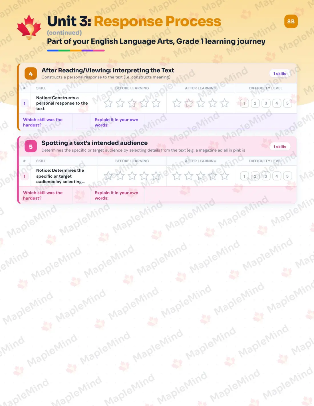 Page 16 of 62 from the English Language Arts, Grade 1 Quebec Course Companion — skills tracker with before and after self-assessment