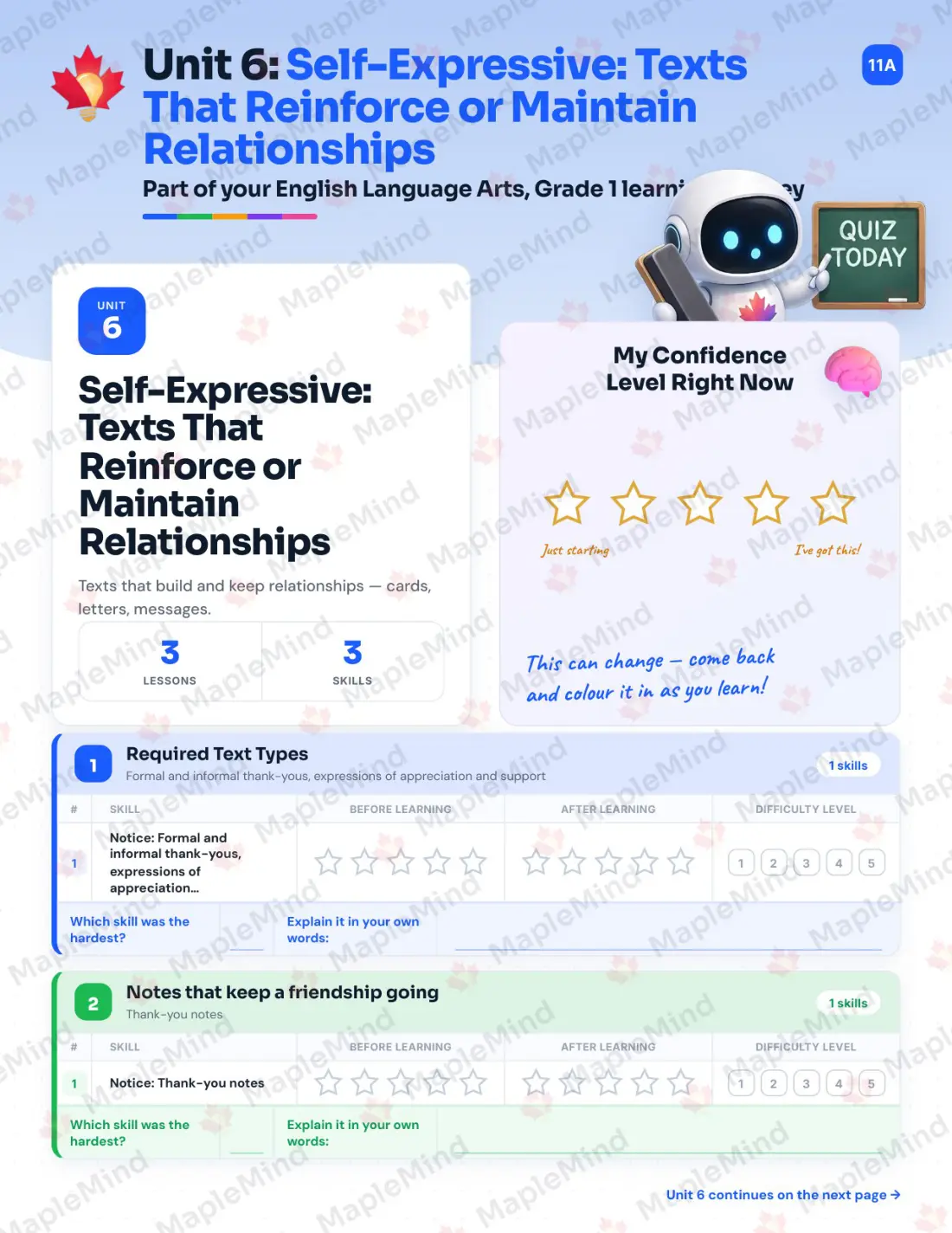 Page 25 of 62 from the English Language Arts, Grade 1 Quebec Course Companion — skills tracker with before and after self-assessment