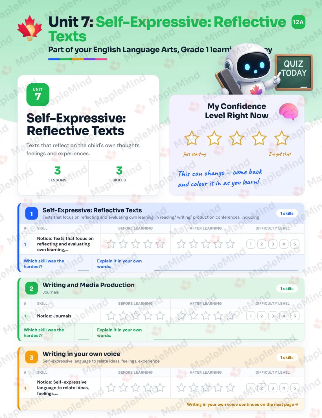 Page 29 of 62 from the English Language Arts, Grade 1 Quebec Course Companion — skills tracker with before and after self-assessment