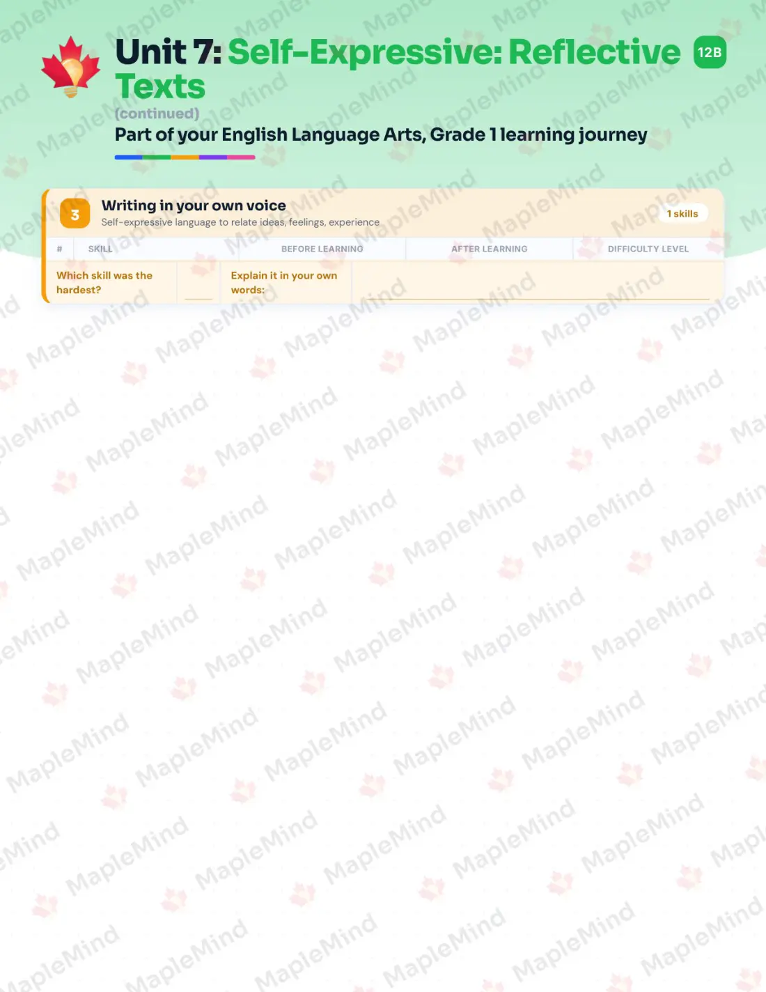Page 30 of 62 from the English Language Arts, Grade 1 Quebec Course Companion — skills tracker with before and after self-assessment