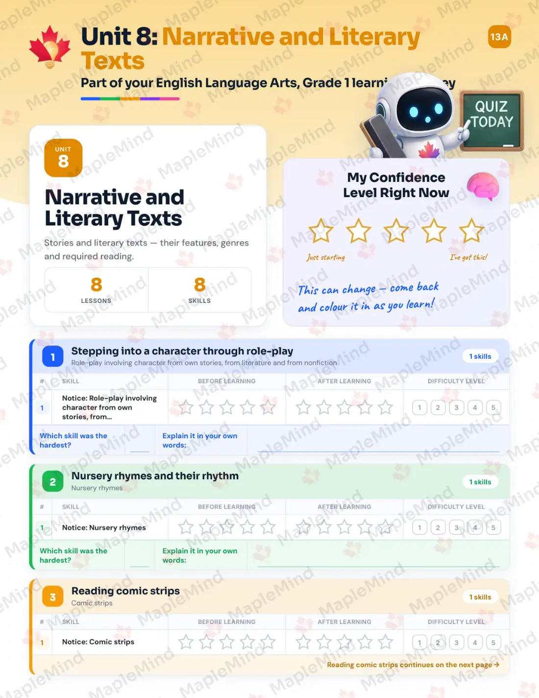 Page 33 of 62 from the English Language Arts, Grade 1 Quebec Course Companion — skills tracker with before and after self-assessment