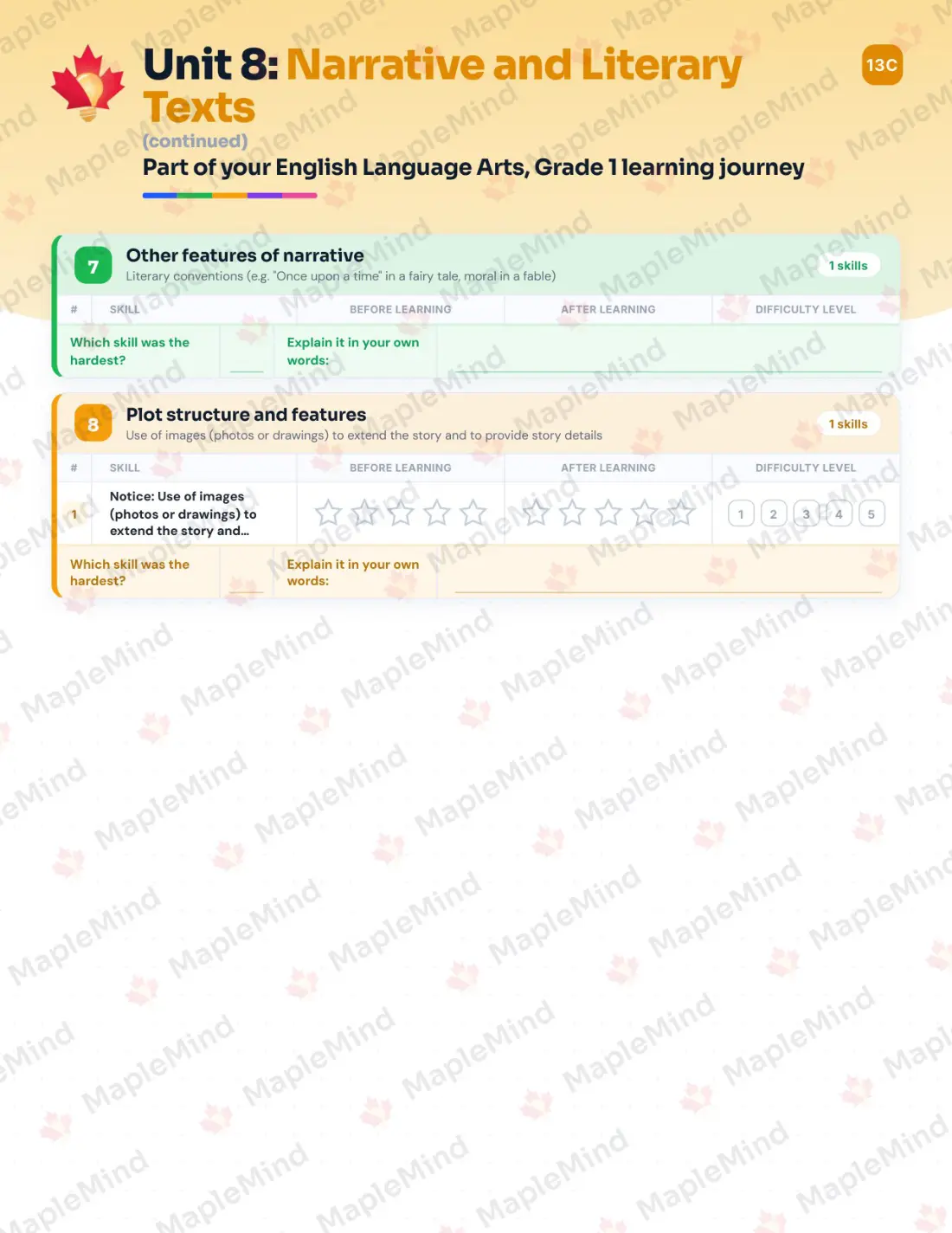 Page 35 of 62 from the English Language Arts, Grade 1 Quebec Course Companion — skills tracker with before and after self-assessment