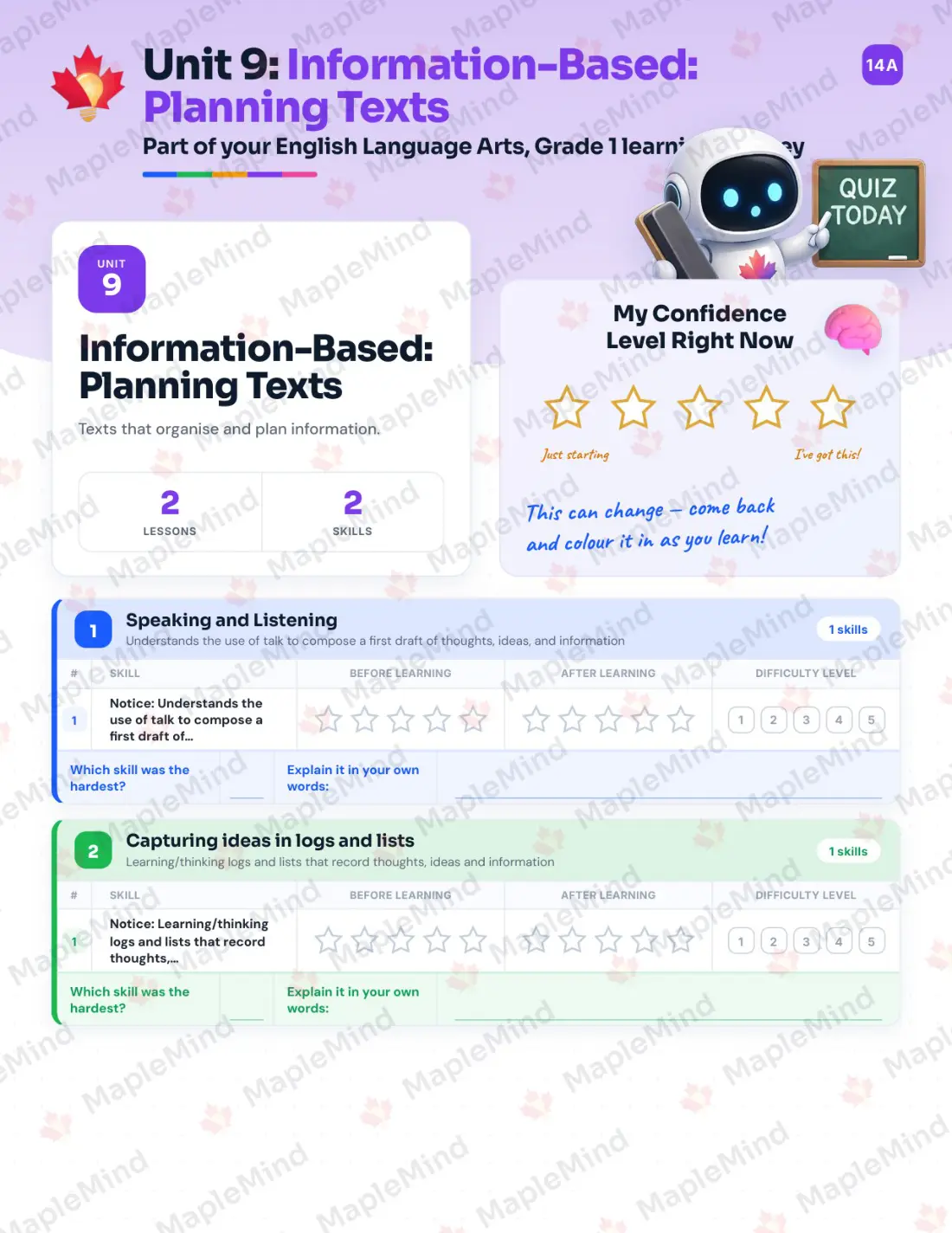 Page 38 of 62 from the English Language Arts, Grade 1 Quebec Course Companion — skills tracker with before and after self-assessment