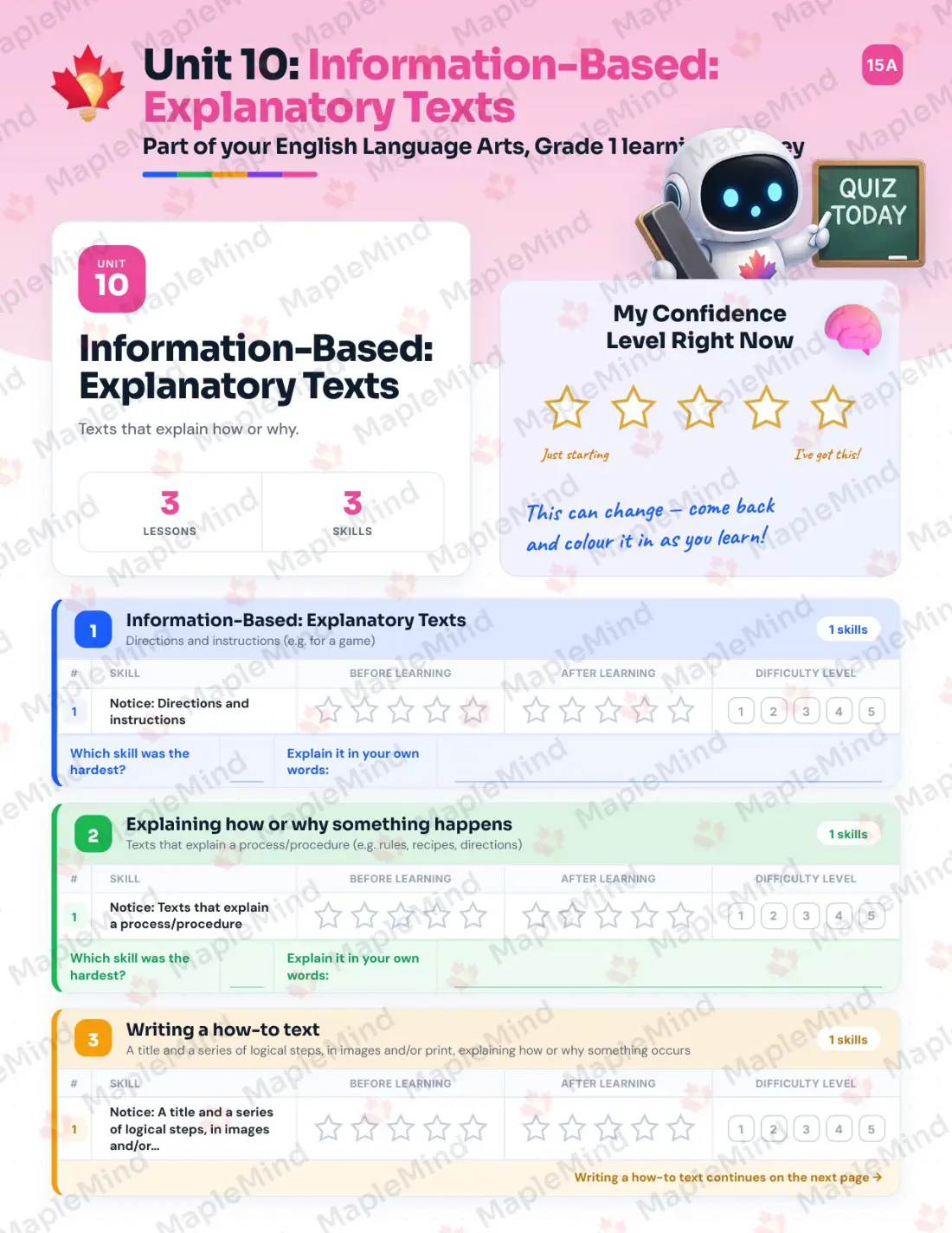 Page 41 of 62 from the English Language Arts, Grade 1 Quebec Course Companion — skills tracker with before and after self-assessment