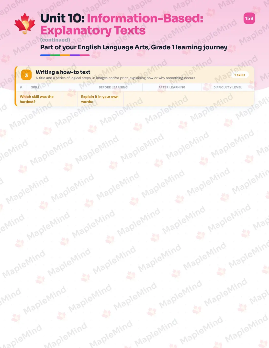Page 42 of 62 from the English Language Arts, Grade 1 Quebec Course Companion — skills tracker with before and after self-assessment