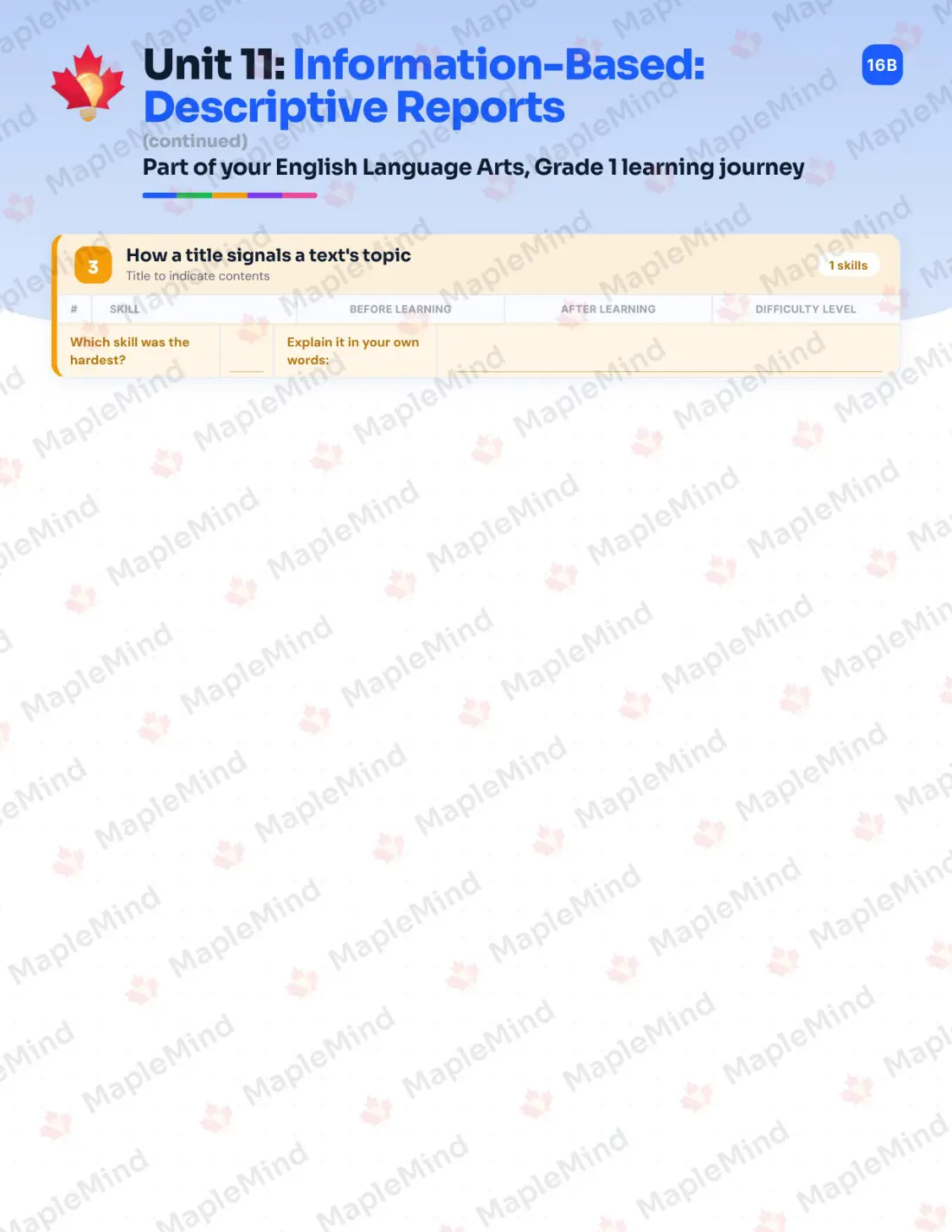 Page 46 of 62 from the English Language Arts, Grade 1 Quebec Course Companion — skills tracker with before and after self-assessment