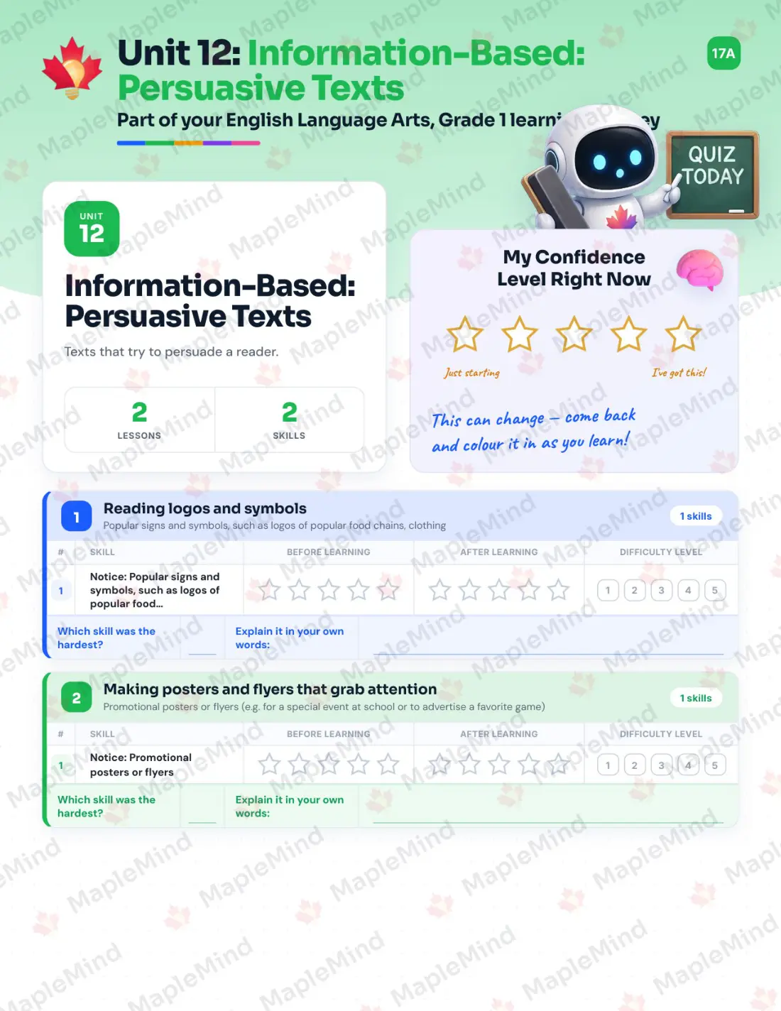 Page 49 of 62 from the English Language Arts, Grade 1 Quebec Course Companion — skills tracker with before and after self-assessment