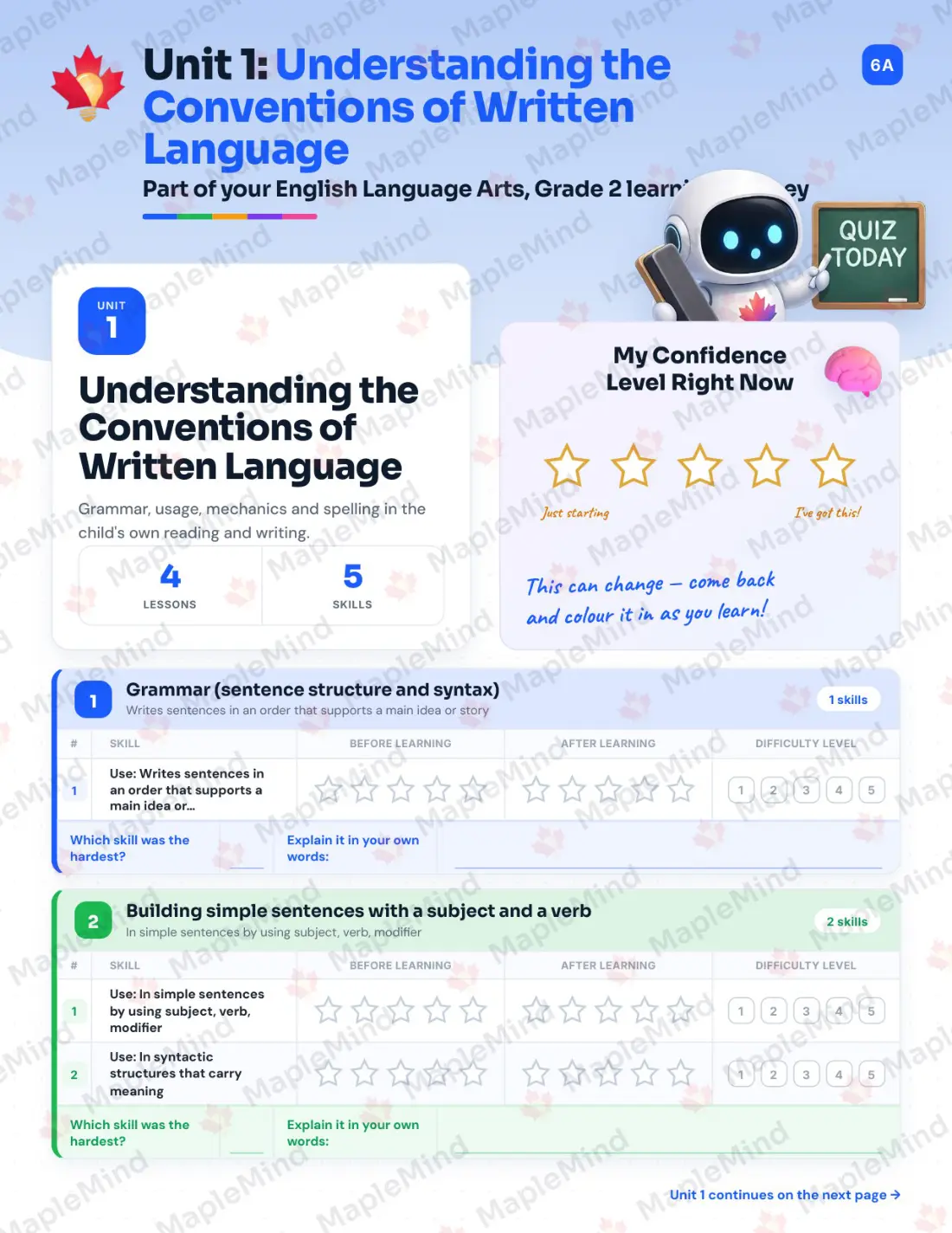 Page 7 of 52 from the English Language Arts, Grade 2 Quebec Course Companion — skills tracker with before and after self-assessment