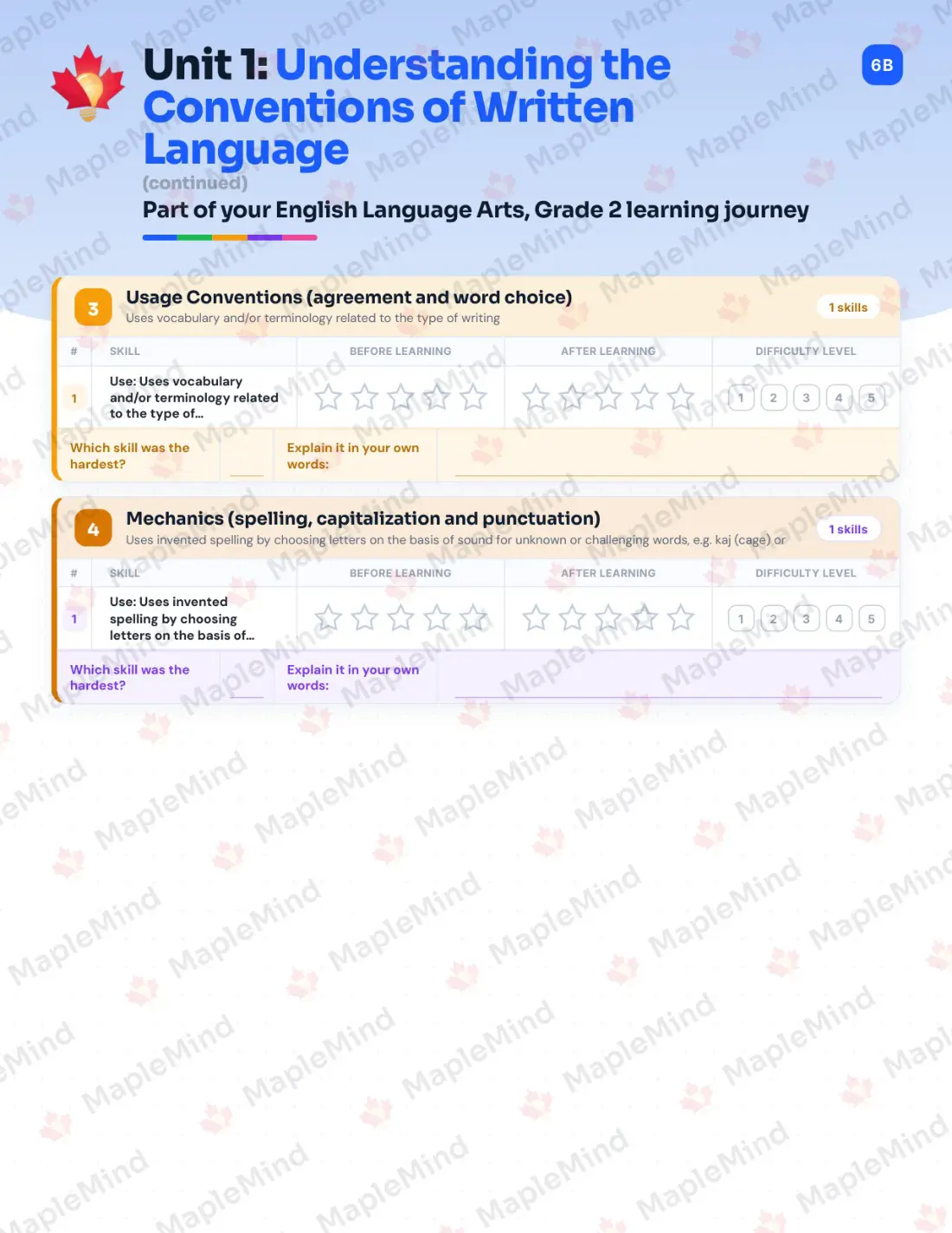 Page 8 of 52 from the English Language Arts, Grade 2 Quebec Course Companion — skills tracker with before and after self-assessment