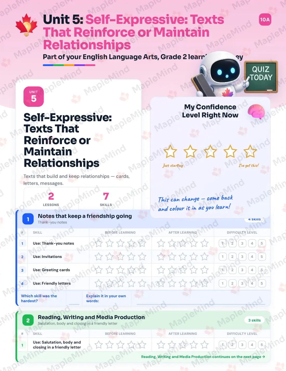 Page 21 of 52 from the English Language Arts, Grade 2 Quebec Course Companion — skills tracker with before and after self-assessment