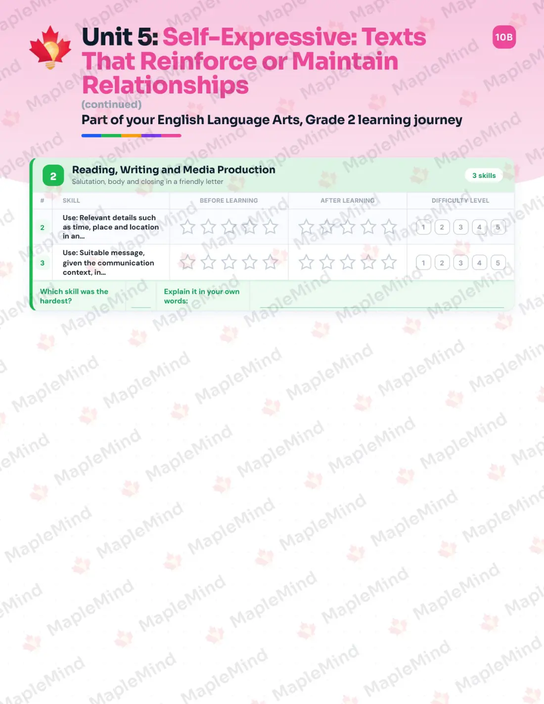Page 22 of 52 from the English Language Arts, Grade 2 Quebec Course Companion — skills tracker with before and after self-assessment