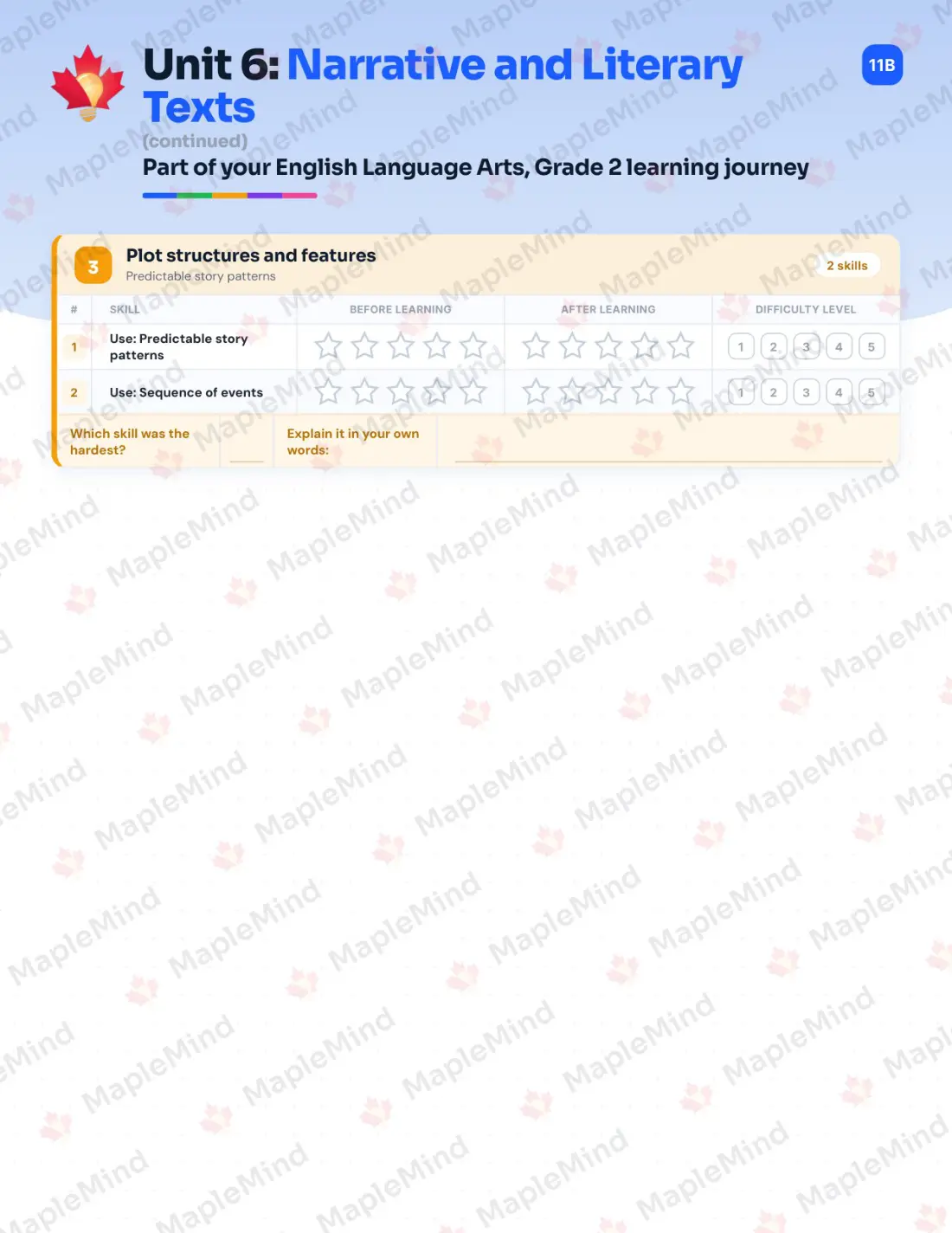 Page 26 of 52 from the English Language Arts, Grade 2 Quebec Course Companion — skills tracker with before and after self-assessment