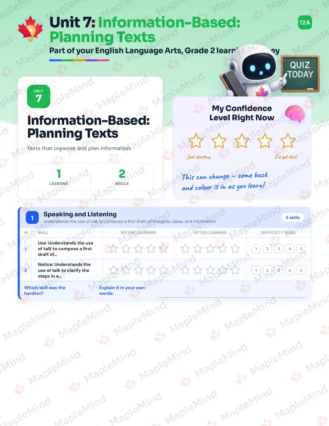Page 29 of 52 from the English Language Arts, Grade 2 Quebec Course Companion — skills tracker with before and after self-assessment