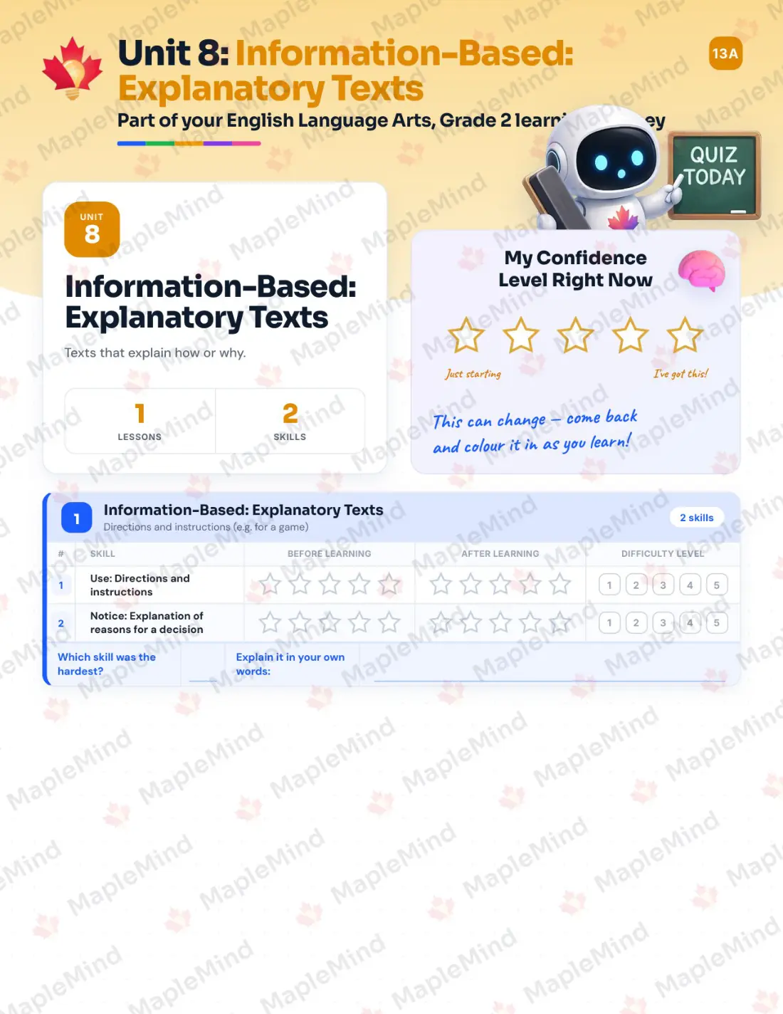 Page 32 of 52 from the English Language Arts, Grade 2 Quebec Course Companion — skills tracker with before and after self-assessment