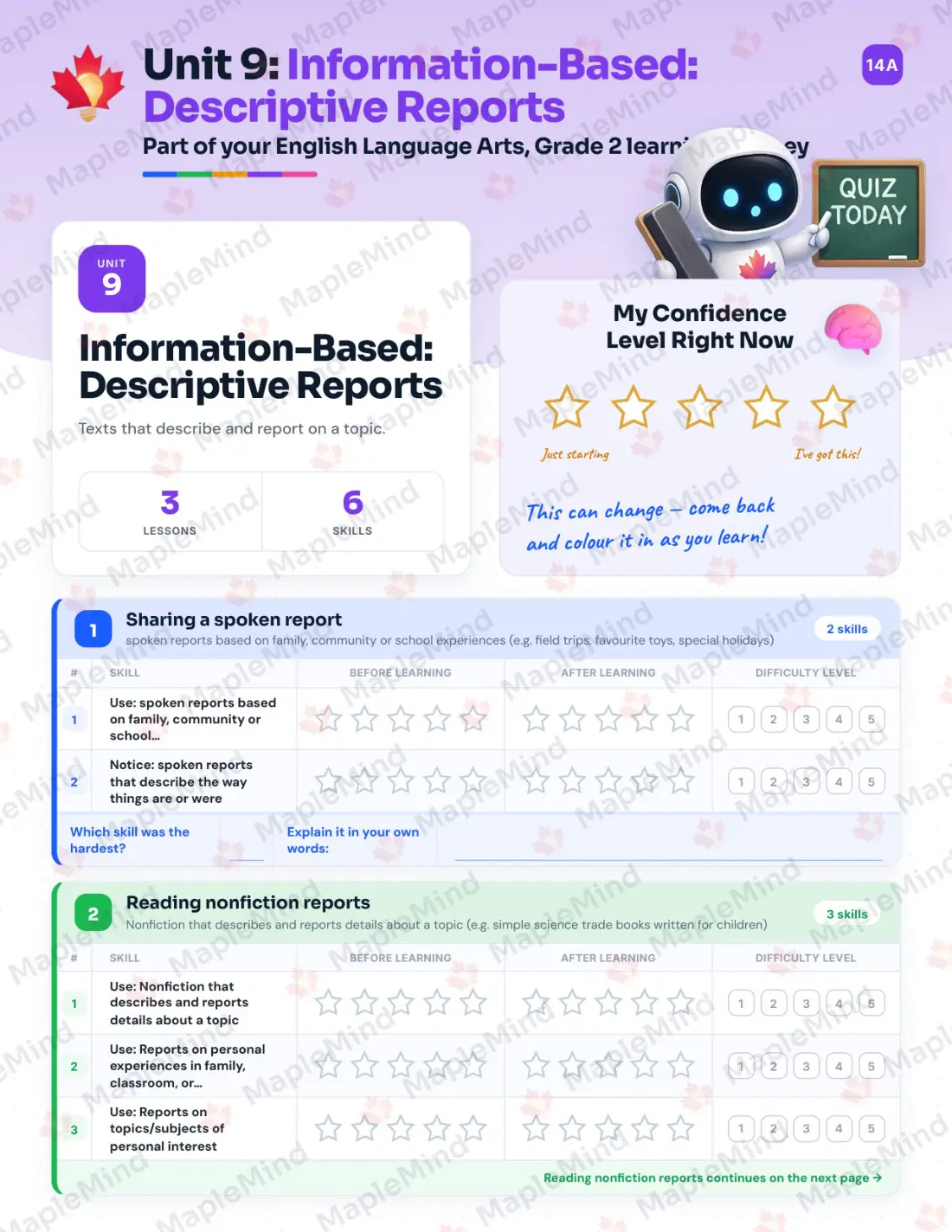 Page 35 of 52 from the English Language Arts, Grade 2 Quebec Course Companion — skills tracker with before and after self-assessment