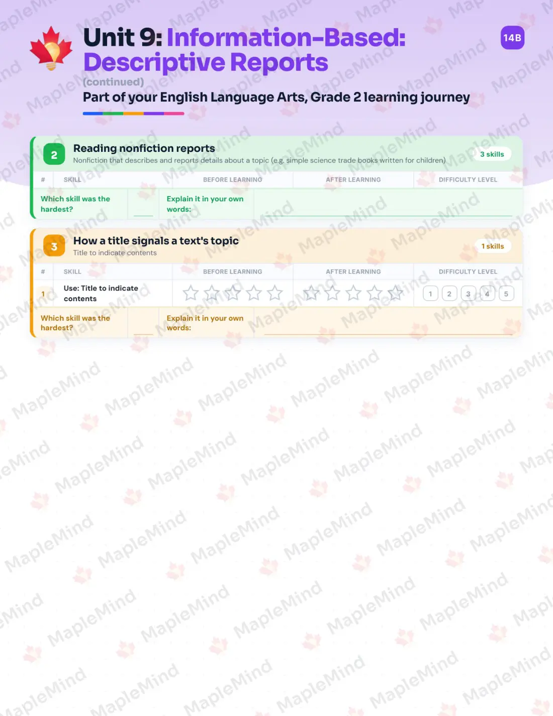 Page 36 of 52 from the English Language Arts, Grade 2 Quebec Course Companion — skills tracker with before and after self-assessment