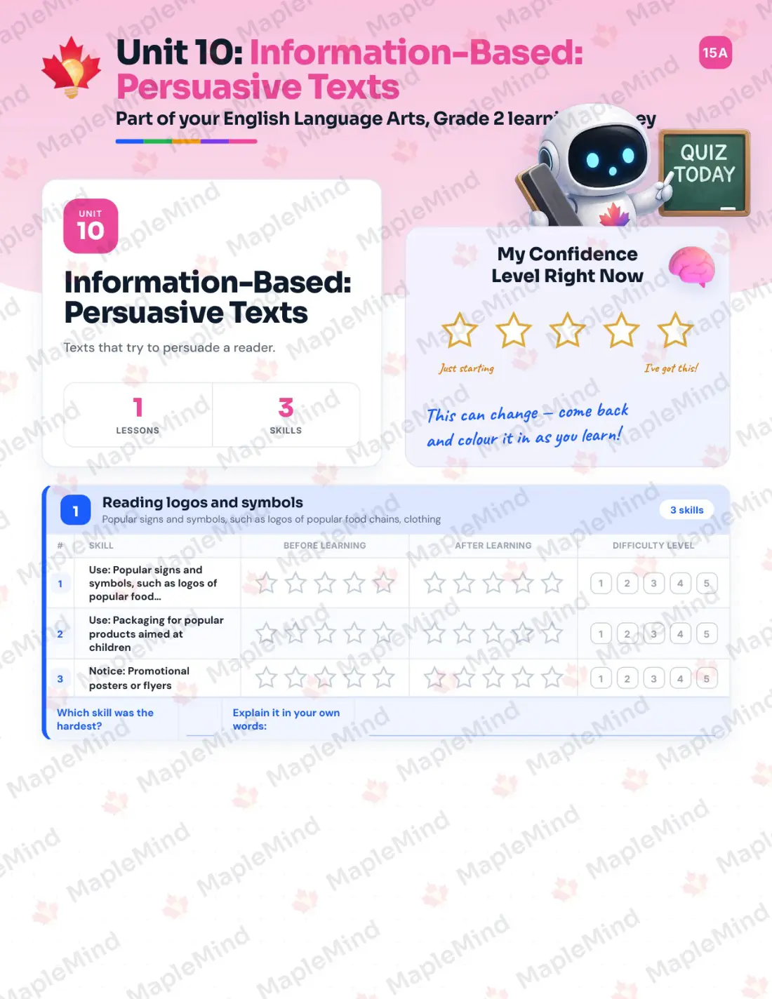 Page 39 of 52 from the English Language Arts, Grade 2 Quebec Course Companion — skills tracker with before and after self-assessment