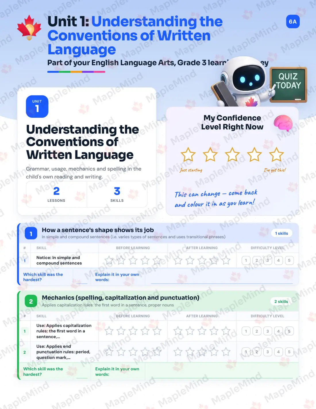 Page 7 of 53 from the English Language Arts, Grade 3 Quebec Course Companion — skills tracker with before and after self-assessment