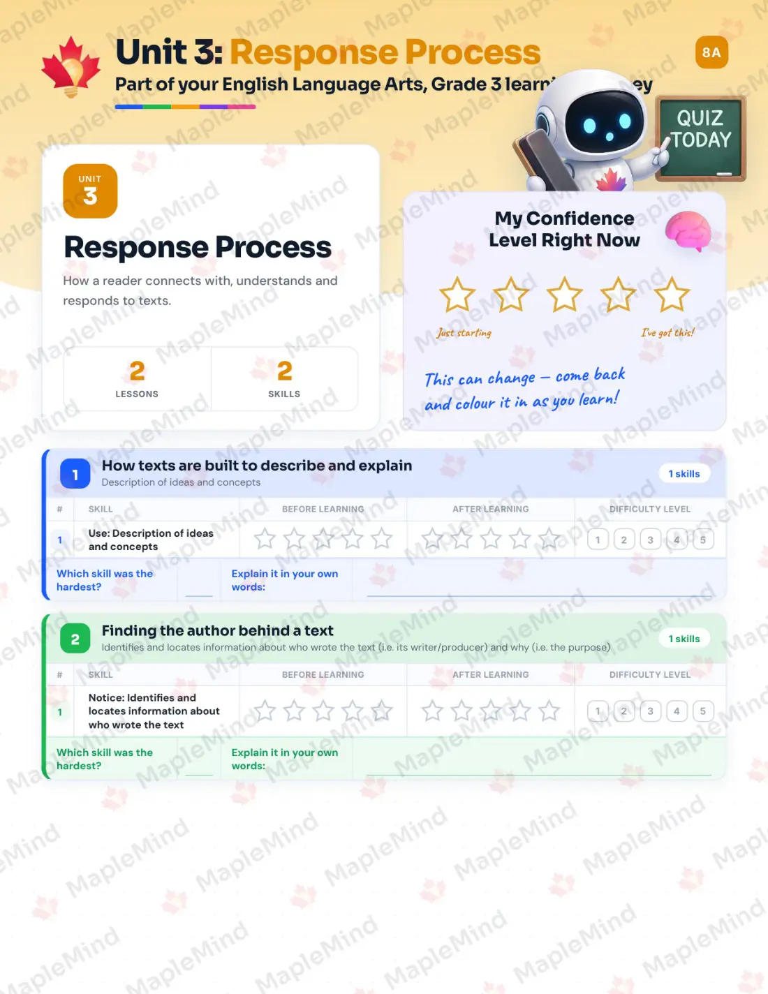 Page 13 of 53 from the English Language Arts, Grade 3 Quebec Course Companion — skills tracker with before and after self-assessment