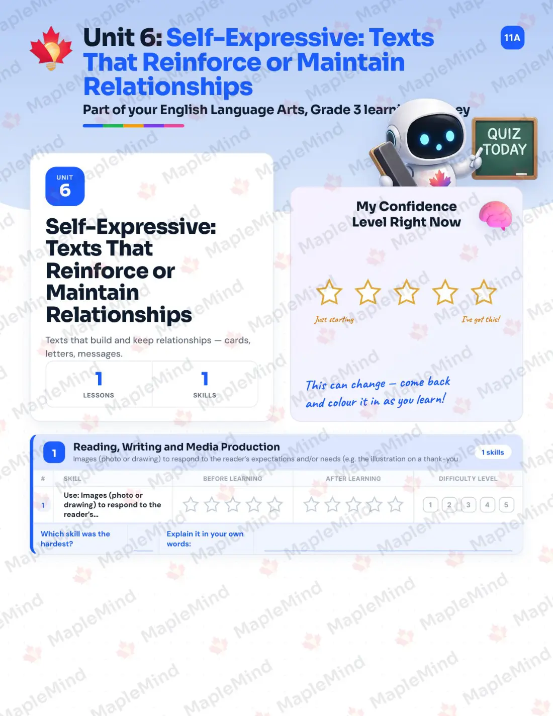 Page 22 of 53 from the English Language Arts, Grade 3 Quebec Course Companion — skills tracker with before and after self-assessment