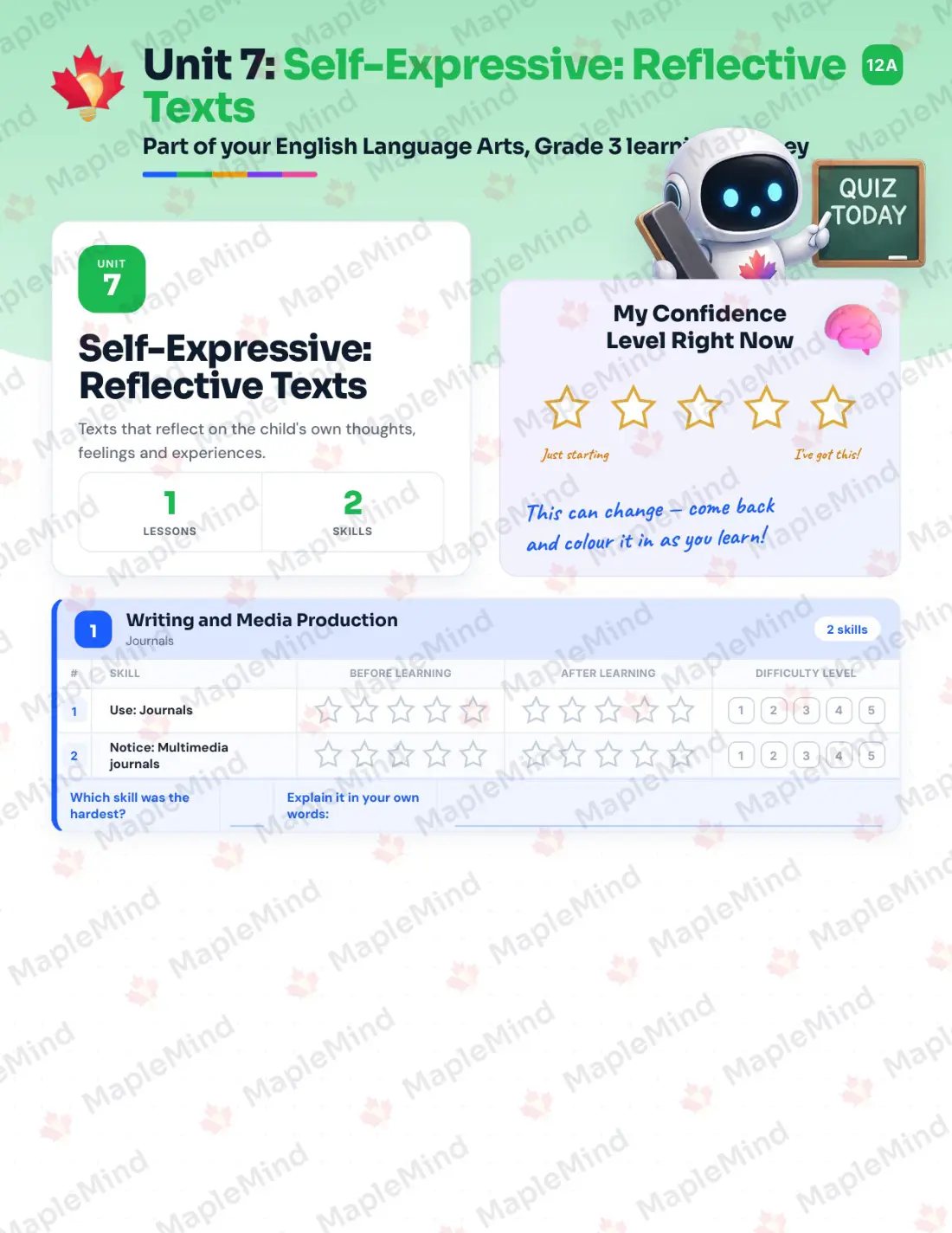 Page 25 of 53 from the English Language Arts, Grade 3 Quebec Course Companion — skills tracker with before and after self-assessment