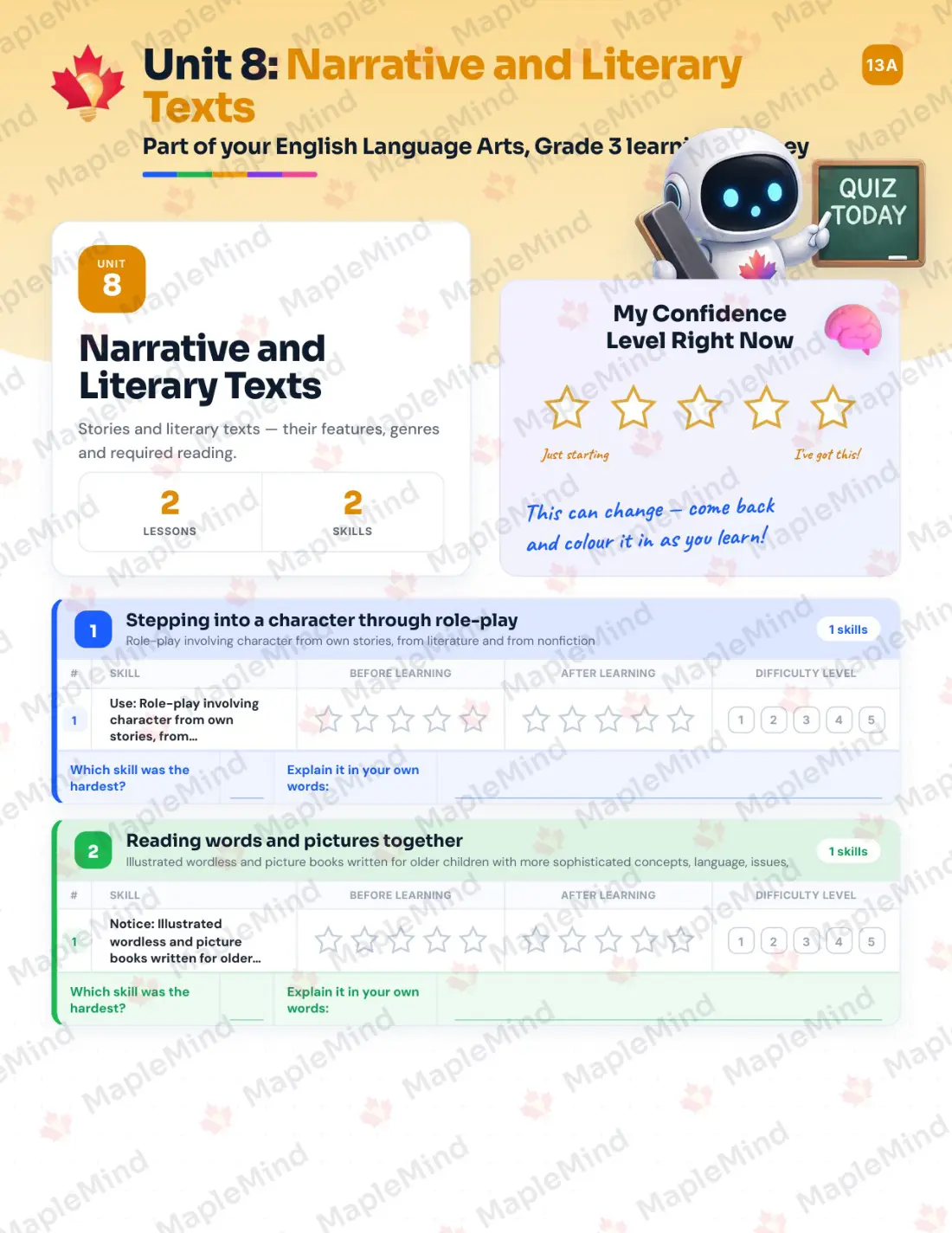 Page 28 of 53 from the English Language Arts, Grade 3 Quebec Course Companion — skills tracker with before and after self-assessment