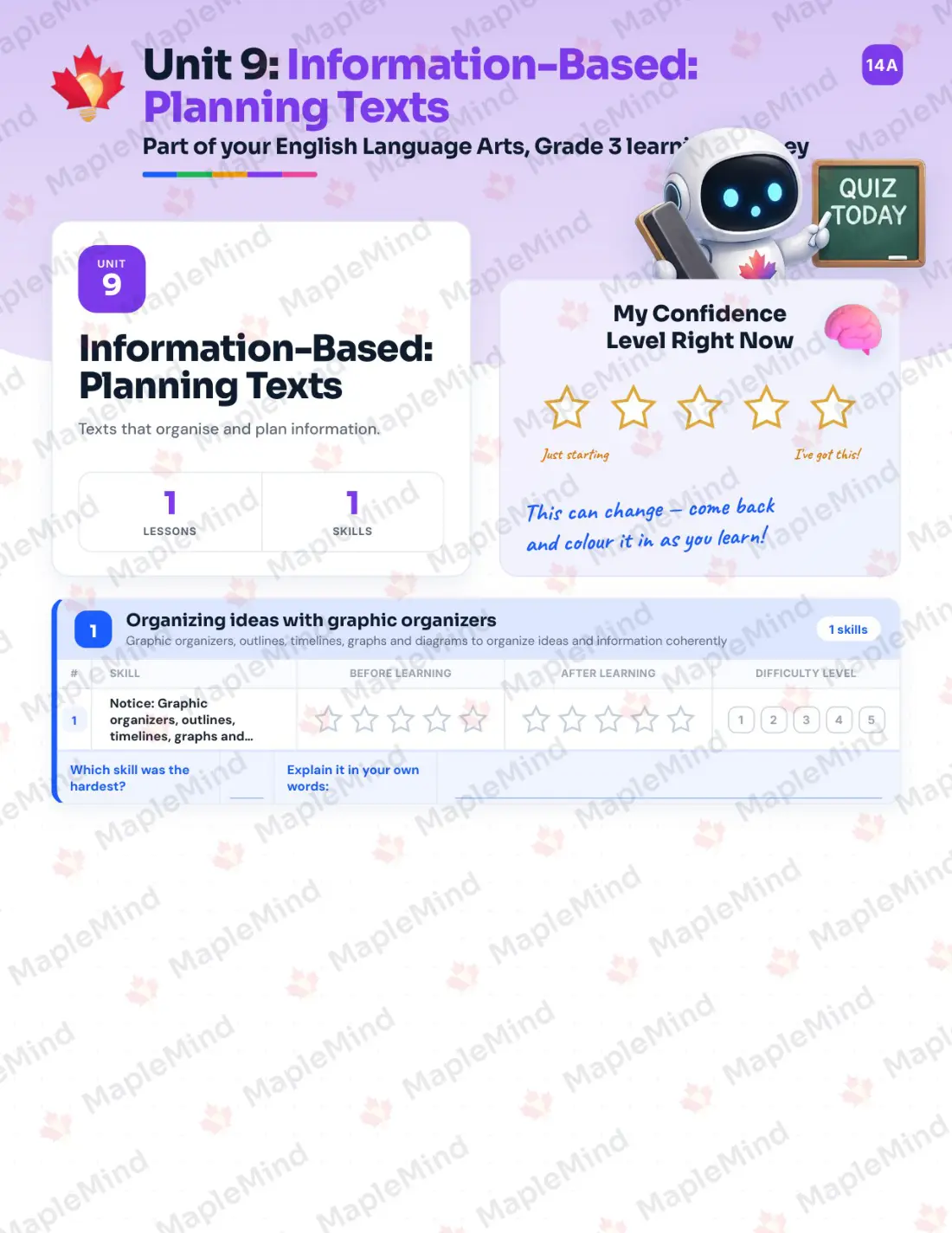 Page 31 of 53 from the English Language Arts, Grade 3 Quebec Course Companion — skills tracker with before and after self-assessment