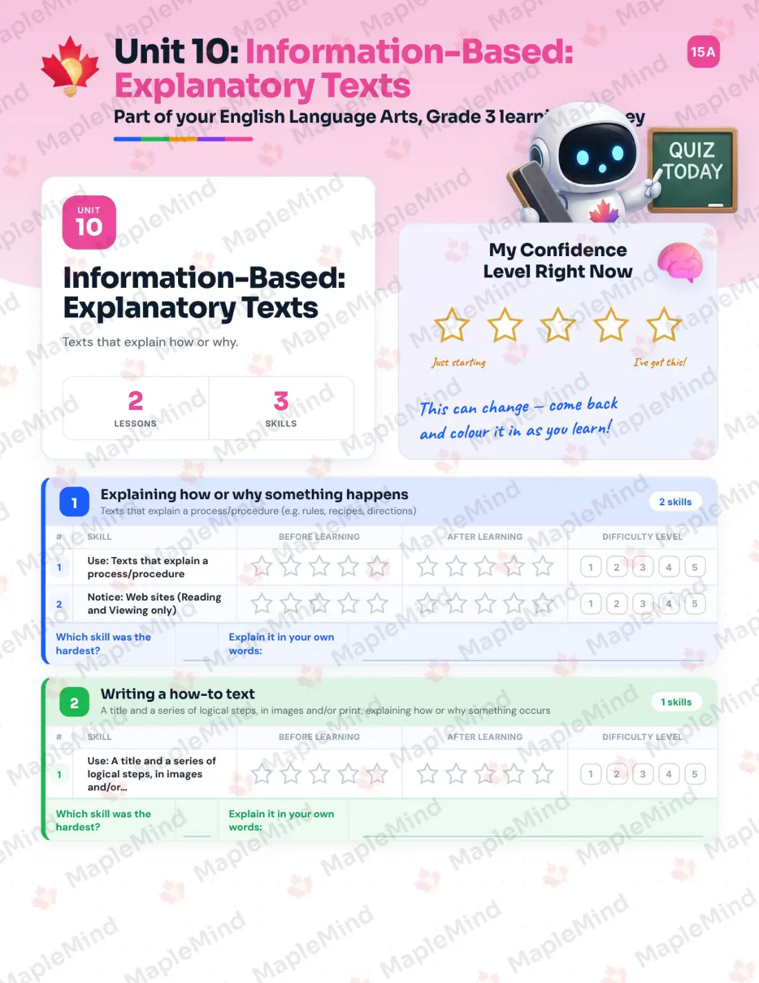 Page 34 of 53 from the English Language Arts, Grade 3 Quebec Course Companion — skills tracker with before and after self-assessment