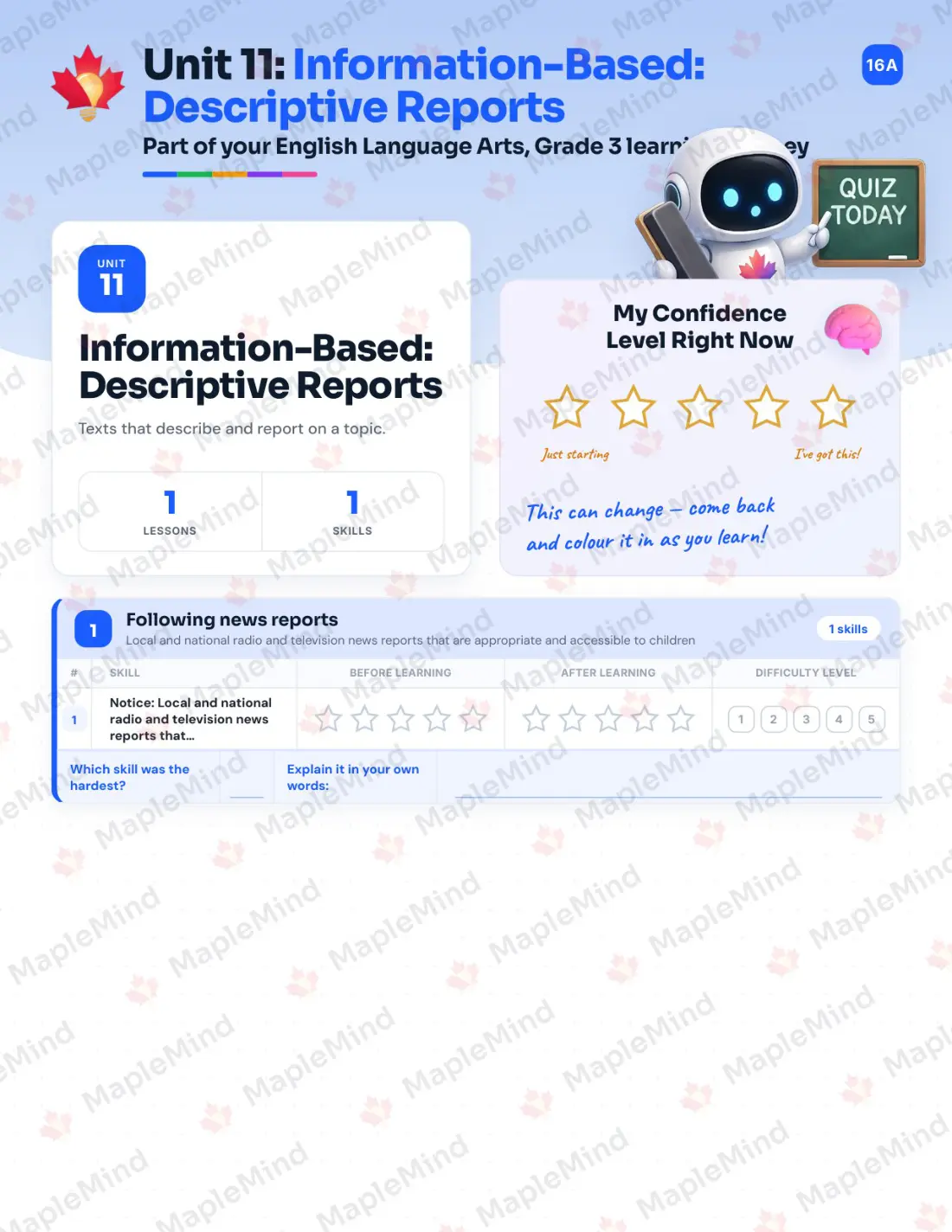 Page 37 of 53 from the English Language Arts, Grade 3 Quebec Course Companion — skills tracker with before and after self-assessment