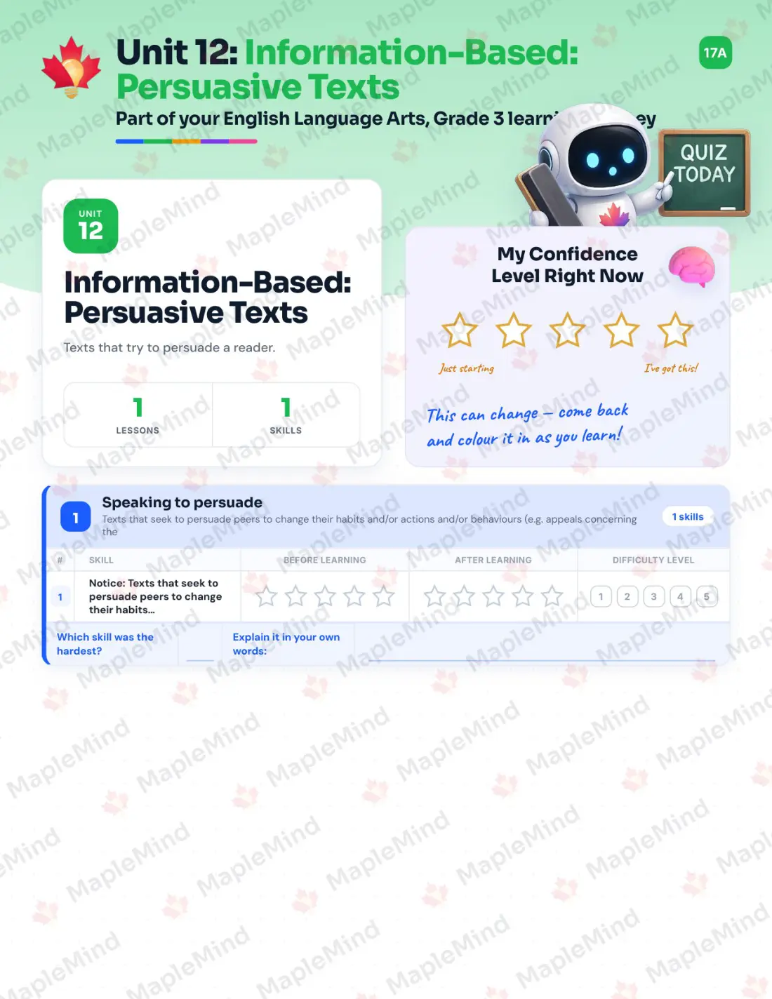 Page 40 of 53 from the English Language Arts, Grade 3 Quebec Course Companion — skills tracker with before and after self-assessment